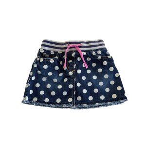 Mini Boden Polka Dot Denim Jean Skirt Striped Band Raw Hem Girls 2-3 Yrs